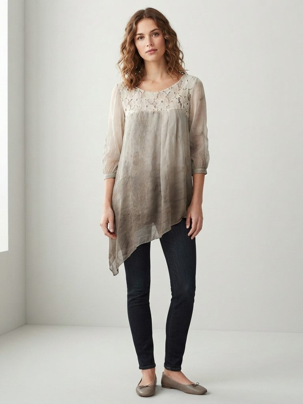 H Trend Italy 100% Silk Lace Ombre Asymmetric Blouse S Beige